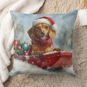 Dachshund Dog in Sledge Let it Snow Christmas Throw Pillow