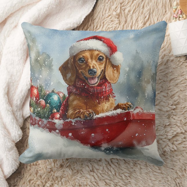 Dachshund Dog in Sledge Let it Snow Christmas Throw Pillow (Blanket)