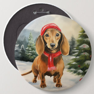 Dachshund Dog in Snow Christmas  6 Inch Round Button
