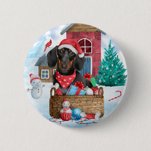 Dachshund Dog In snow Christmas Dog House  2 Inch Round Button