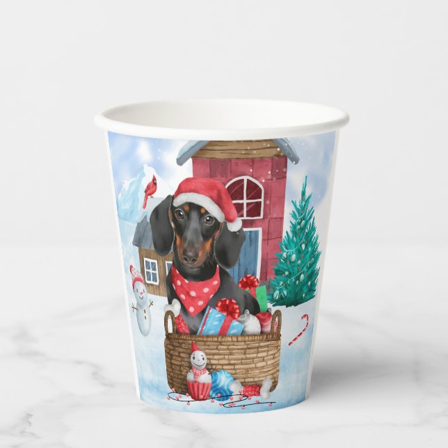 Dachshund Dog In snow Christmas Dog House Paper Cups (Front)