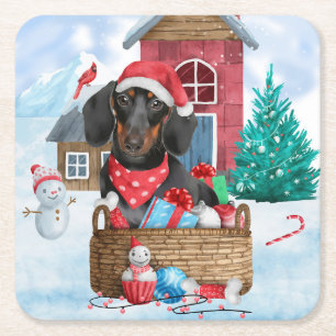 Dachshund Dog In snow Christmas Dog House Square Paper Coaster