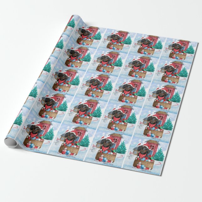 Dachshund Dog In snow Christmas Dog House  Wrapping Paper (Unrolled)