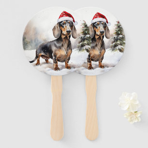 Dachshund Dog in Snow Christmas Hand Fan