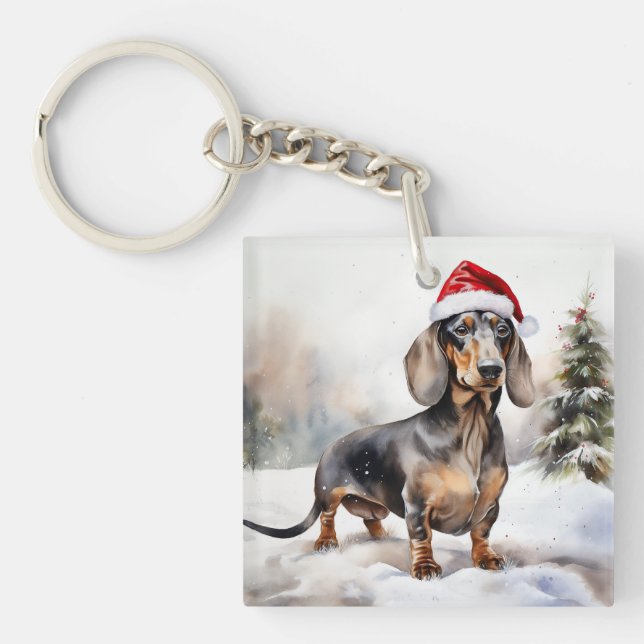 Dachshund Dog in Snow Christmas Keychain (Front)