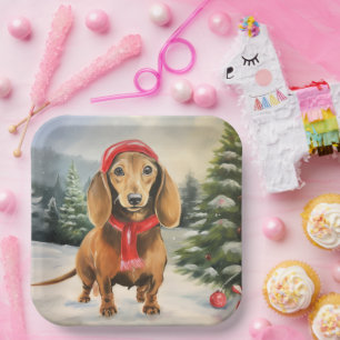 Dachshund Dog in Snow Christmas  Paper Plate