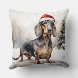 Dachshund Dog in Snow Christmas Throw Pillow