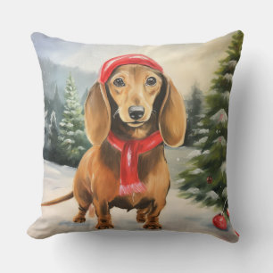 Dachshund Dog in Snow Christmas Throw Pillow