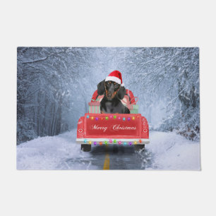 Dachshund Dog in Snow sitting in Christmas Truck Doormat