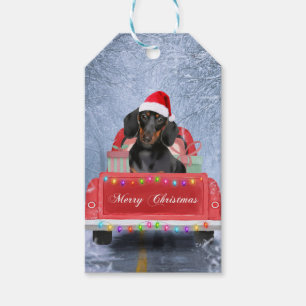 Dachshund Dog in Snow sitting in Christmas Truck  Gift Tags