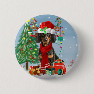 Dachshund Dog in Snow with Christmas Gifts  2 Inch Round Button