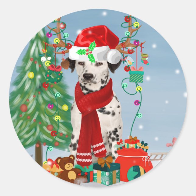 Dachshund Dog in Snow with Christmas Gifts   Classic Round Sticker (Front)