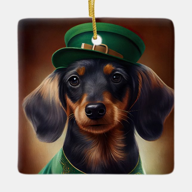 Dachshund Dog in St. Patrick's Day Dress Ceramic Ornament (Front)