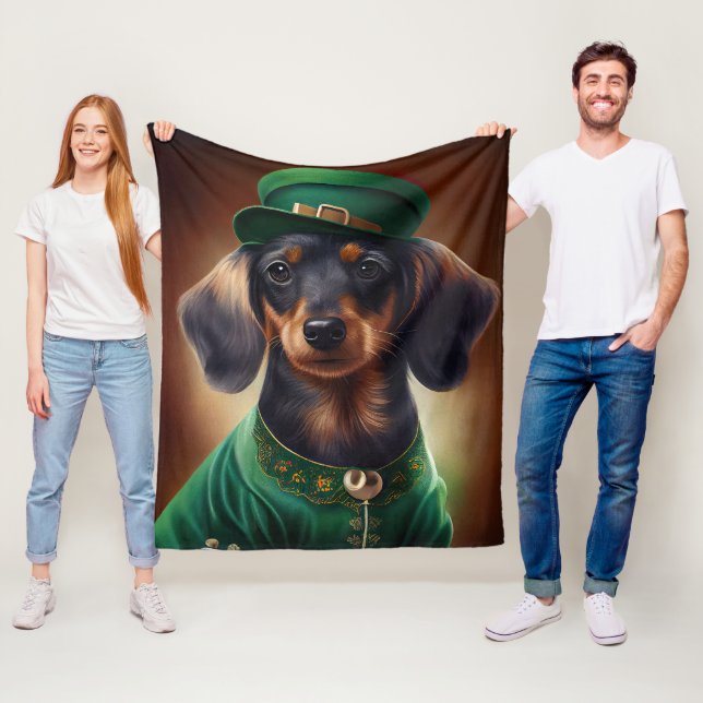 Dachshund Dog in St. Patrick's Day Dress Fleece Blanket (In Situ)
