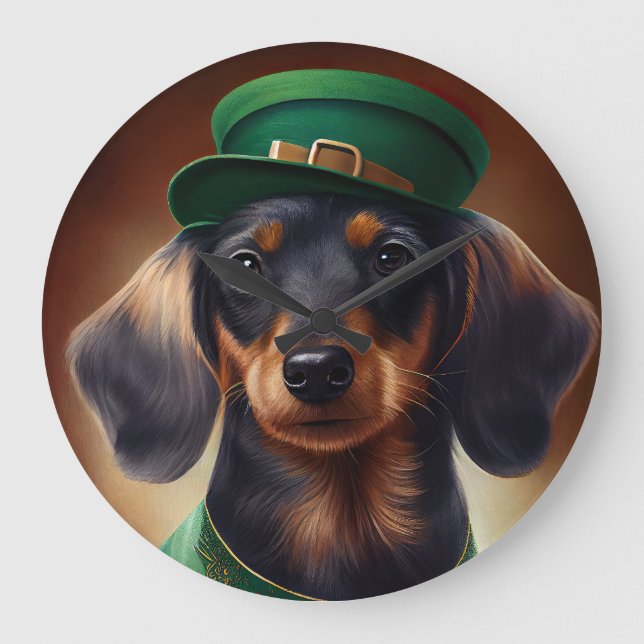 Dachshund Dog in St. Patrick's Day Dress Large Clock (Front)