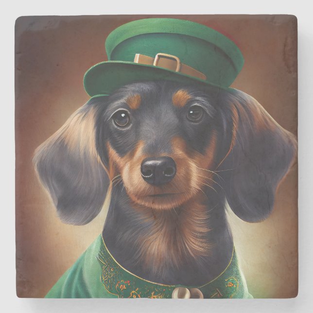 Dachshund Dog in St. Patrick's Day Dress Stone Coaster (Front)