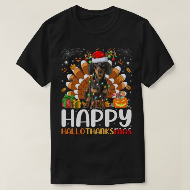 Dachshund Dog Lover Halloween Christmas Happy Hall T-Shirt (Design Front)