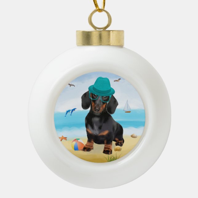  Dachshund Dog on Beach  Ceramic Ball Christmas Ornament (Front)