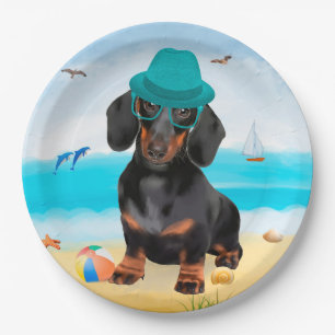 Dachshund Dog on Beach Paper Plate