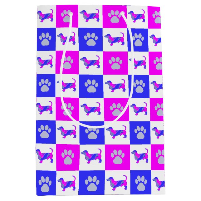 Dachshund Dog & Paw Hot Pink & Blue Medium Gift Bag (Front)