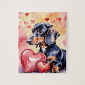 Dachshund Dog Pet Portrait Watercolor Valentine Jigsaw Puzzle