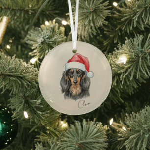 Dachshund Dog Portrait and Name Christmas Glass Ornament