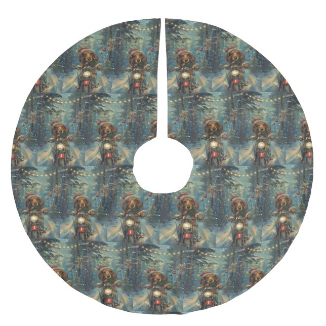 Dachshund Dog Riding Motorcycle Christmas Brushed Polyester Tree Skirt (Front)