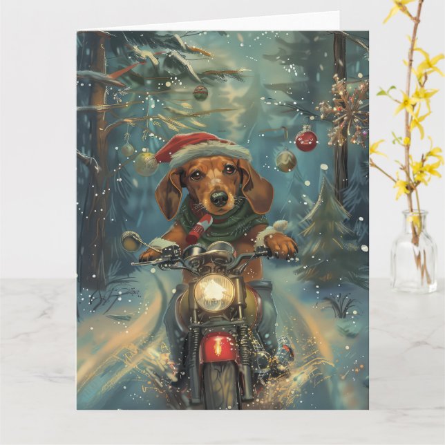 Dachshund Dog Riding Motorcycle Christmas Card (Yellow Flower)