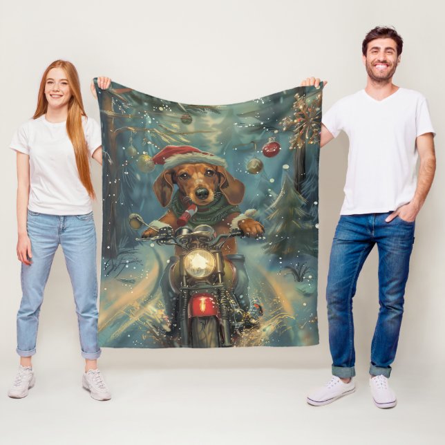 Dachshund Dog Riding Motorcycle Christmas Fleece Blanket (In Situ)