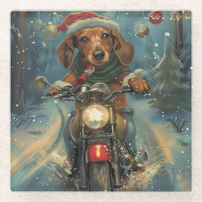 Dachshund Dog Riding Motorcycle Christmas Glass Coaster (Front)
