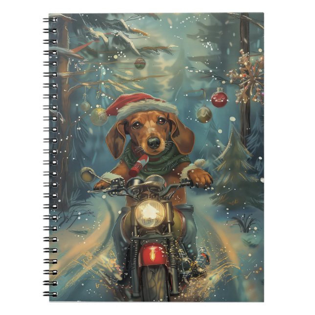 Dachshund Dog Riding Motorcycle Christmas Notebook (Front)
