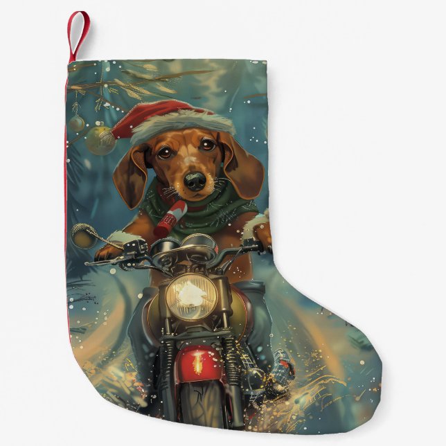 Dachshund Dog Riding Motorcycle Christmas Small Christmas Stocking (Front)