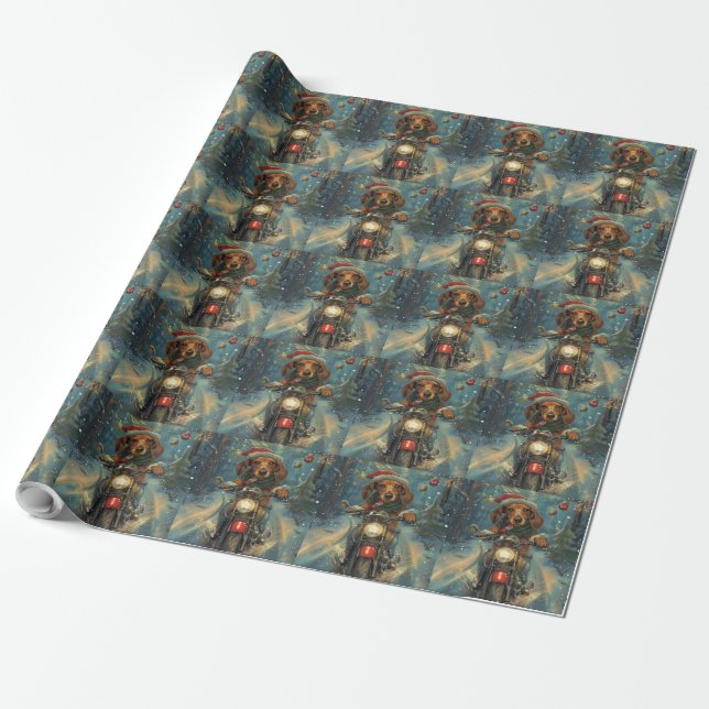 Dachshund Dog Riding Motorcycle Christmas Wrapping Paper (Unrolled)