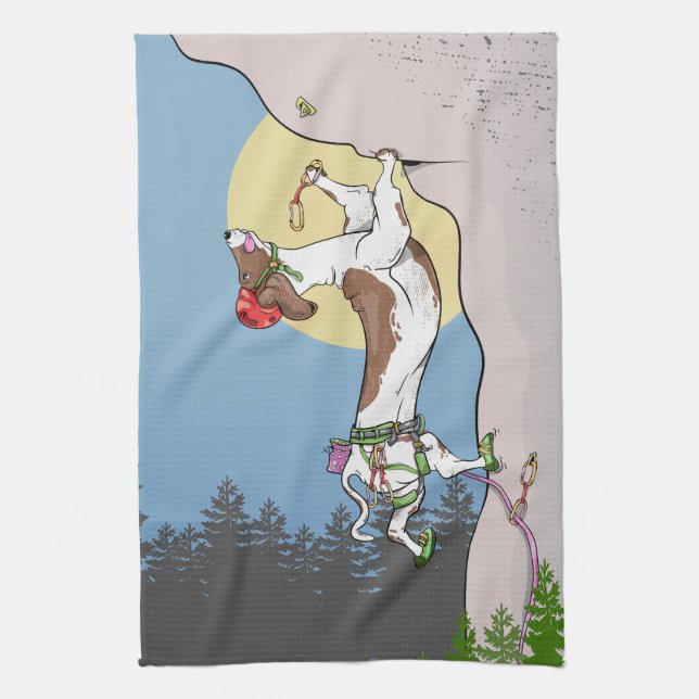 Dachshund dog rock climbing kitchen towel (Vertical)