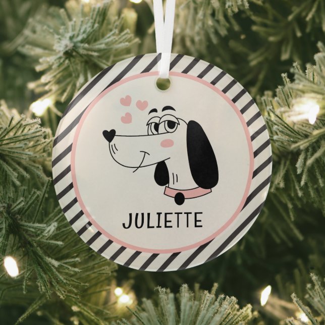 Dachshund Dog Romantic Pink Hearts Personalized Glass Ornament (Insitu)