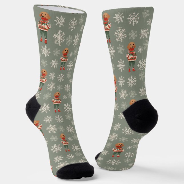 Dachshund Dog Sage Green Retro Custom Socks (Angled)