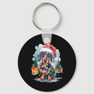 Dachshund Dog Santa Hat Christmas Lights Tree Wint Keychain