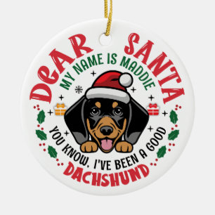 Dachshund Dog Santa Personalized Christmas Round Ceramic Ornament