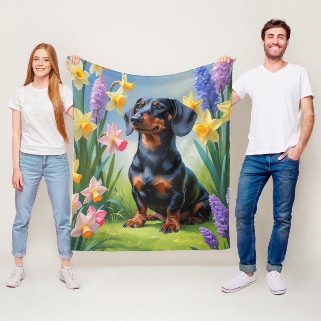 Dachshund Dog Spring Flowers Painting Fleece Blanket (In Situ)