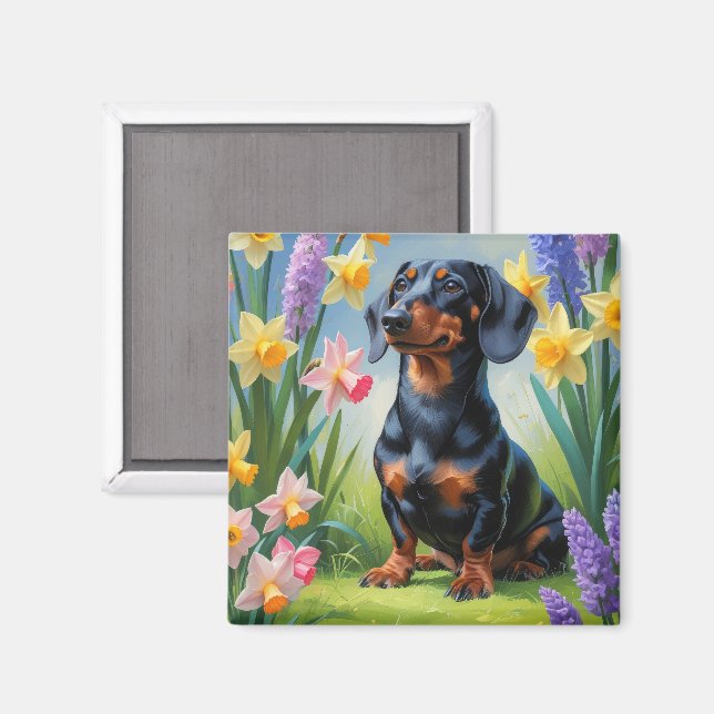 Dachshund Dog Spring Flowers Painting Magnet (Front/Back)