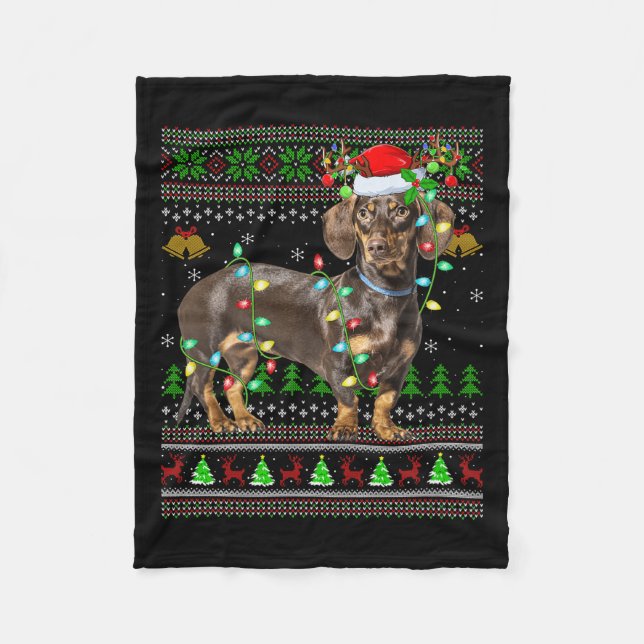 Dachshund Dog Ugly Christmas Sweaters Holiday Sant Fleece Blanket (Front)