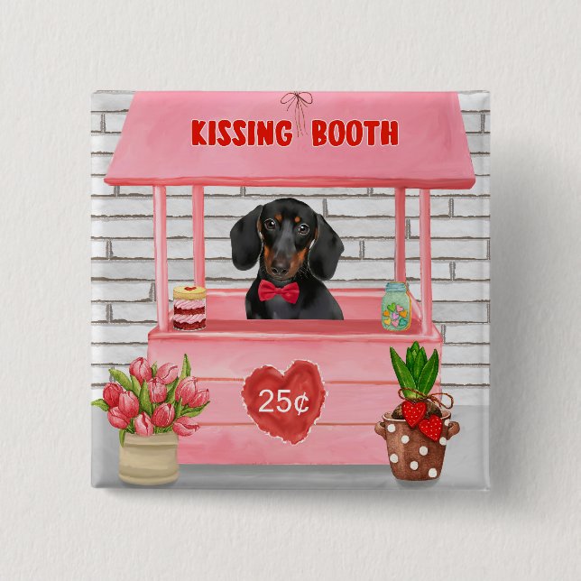 Dachshund Dog Valentine's Day Kissing Booth 2 Inch Square Button (Front)