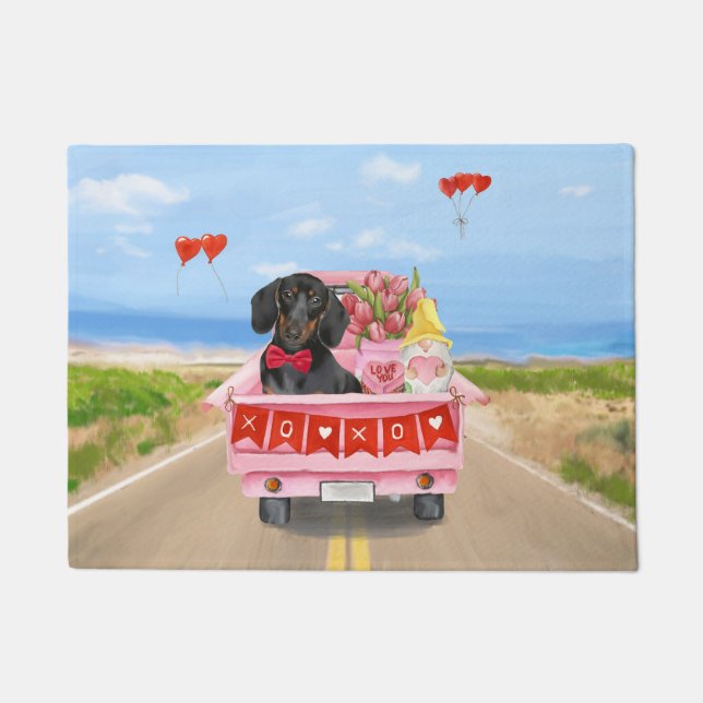Dachshund Dog Valentine's Day Truck Hearts Doormat (Front)