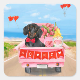 Dachshund Dog Valentine's Day Truck Hearts Square Sticker