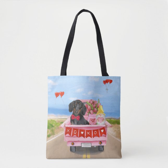 Dachshund Dog Valentine's Day Truck Hearts Tote Bag (Front)