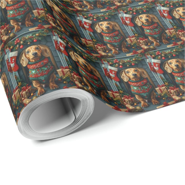 Dachshund Dog With Christmas Gifts Fireplace Wrapping Paper (Roll Corner)