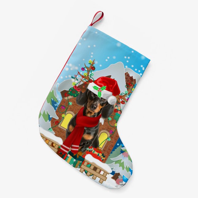 Dachshund dog with Christmas gifts Small Christmas Stocking (Front (Hanging))