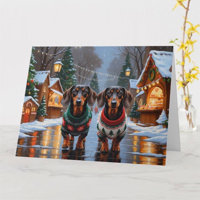 Dachshund Dogs Christmas Snow Holiday Card (Yellow Flower)
