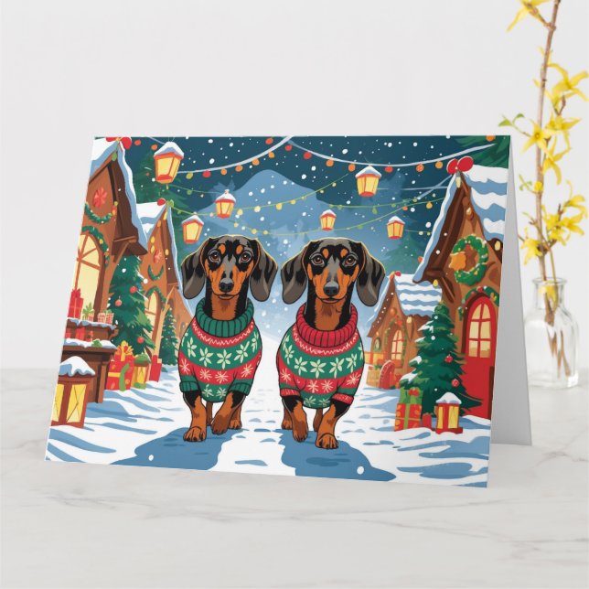 Dachshund Dogs Christmas Snow Holiday Card (Yellow Flower)