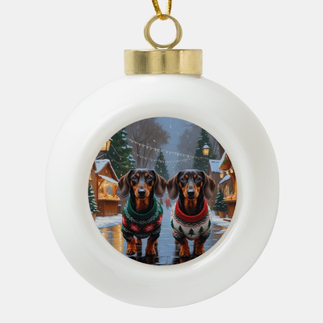 Dachshund Dogs Christmas Snow Holiday Ceramic Ball Christmas Ornament (Front)